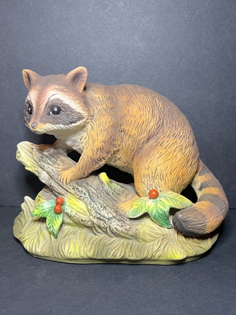 Vintage Homco Masterpiece Textured Porcelain Raccoon on Log Figurine 5.25 x 6.5"